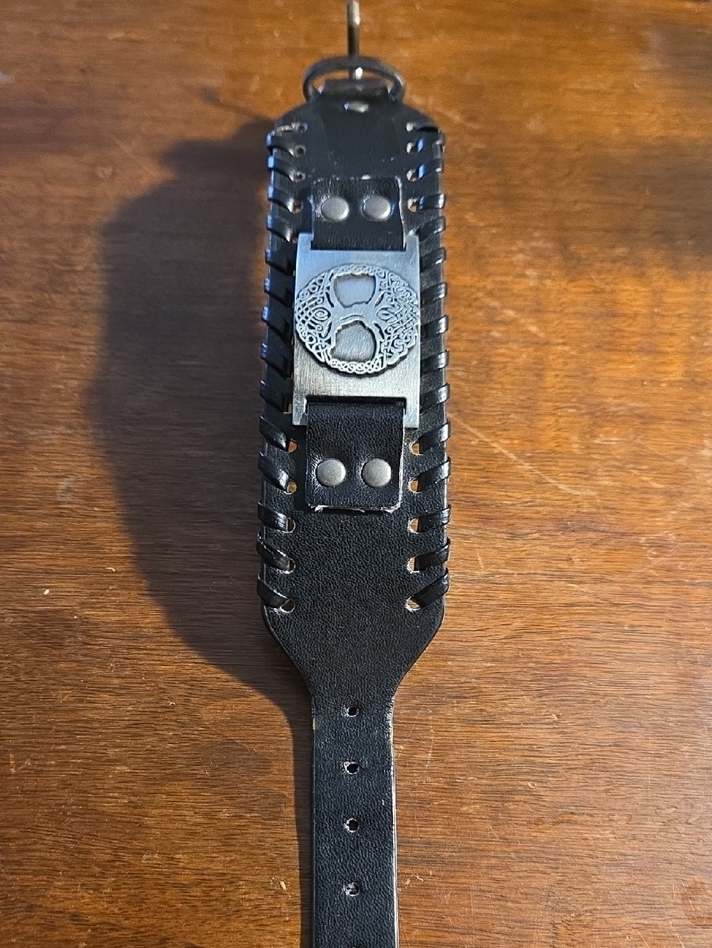 Black Leather Wrist Cuff Bracelet with Metal Emblem of Eternal Tree